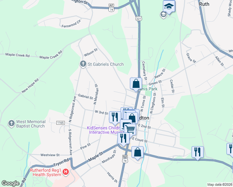 map of restaurants, bars, coffee shops, grocery stores, and more near 257 North Washington Street in Rutherfordton