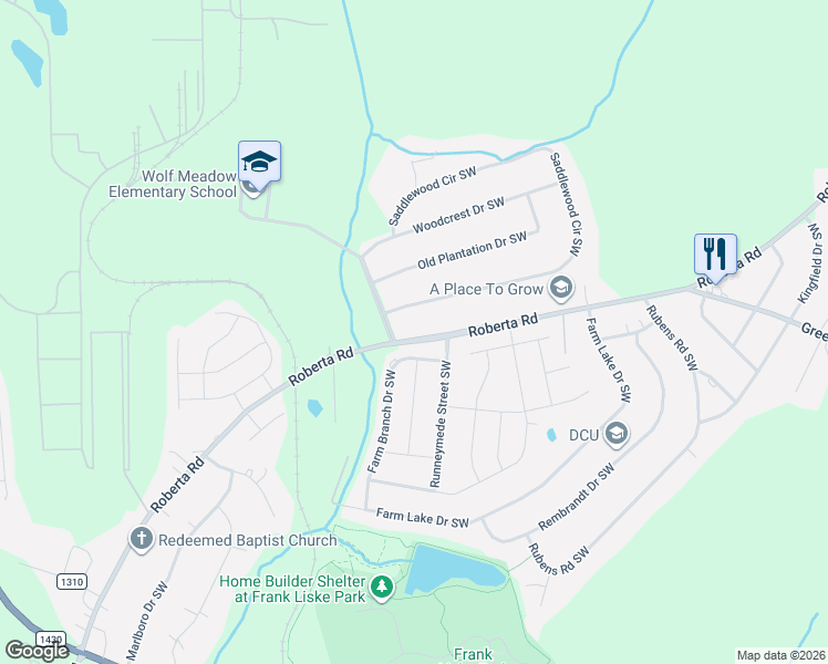 map of restaurants, bars, coffee shops, grocery stores, and more near 1339 Farm Branch Drive Southwest in Concord