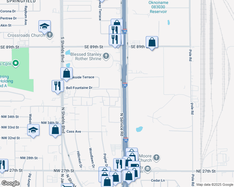 map of restaurants, bars, coffee shops, grocery stores, and more near 9627 Interstate 35 Frontage Road in Moore