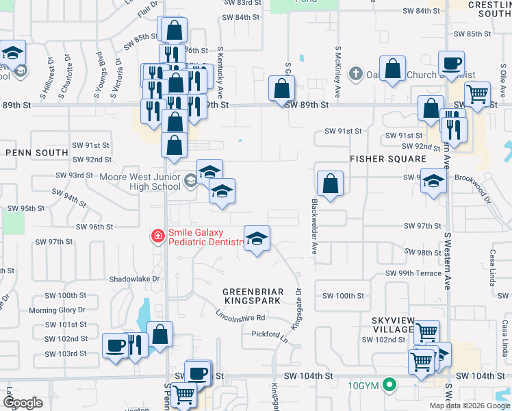 map of restaurants, bars, coffee shops, grocery stores, and more near 1400 Southwest 95th Court in Oklahoma City