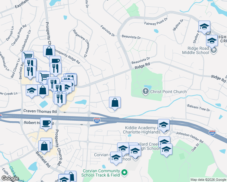 map of restaurants, bars, coffee shops, grocery stores, and more near 5831 Waverly Lynn Lane in Charlotte