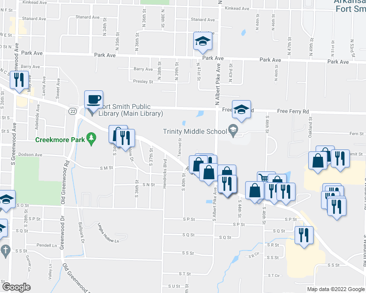 map of restaurants, bars, coffee shops, grocery stores, and more near 1201 Tancred Street in Fort Smith