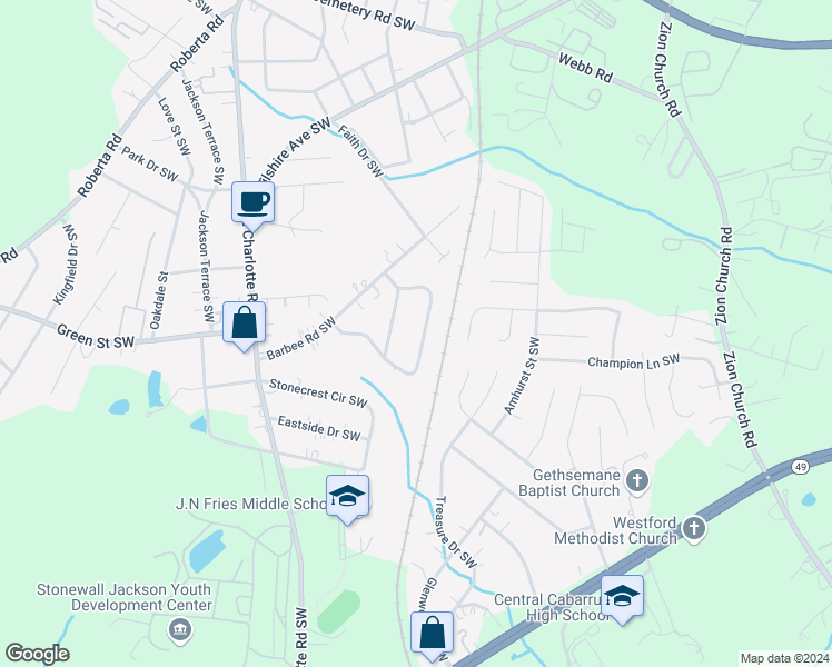 map of restaurants, bars, coffee shops, grocery stores, and more near 227 Stonewall Circle Southwest in Concord