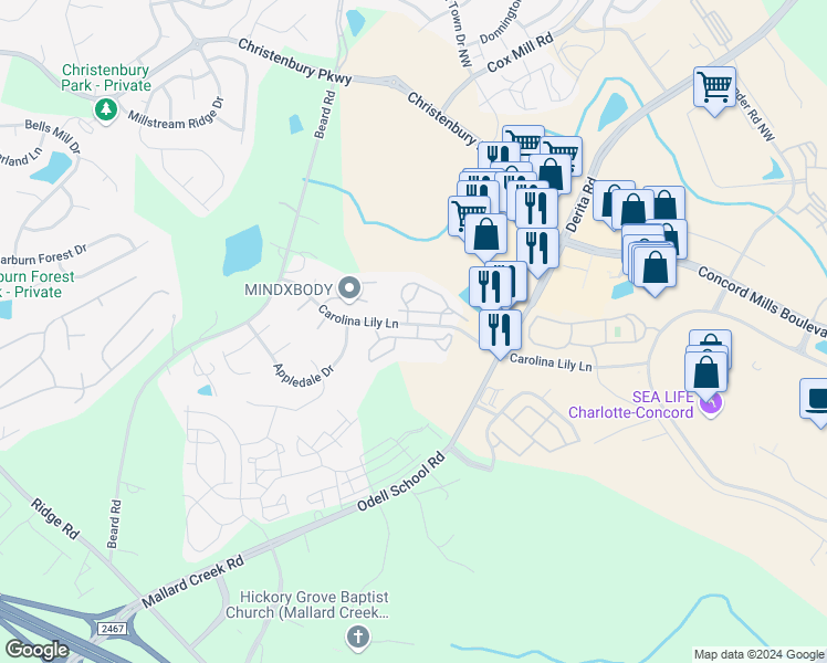 map of restaurants, bars, coffee shops, grocery stores, and more near 8719 Hollow Creek Circle in Charlotte