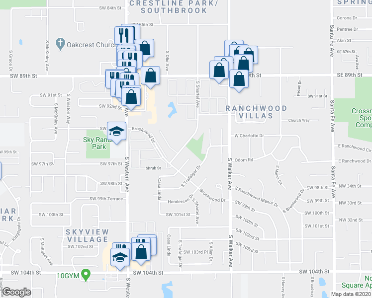 map of restaurants, bars, coffee shops, grocery stores, and more near 9700 South Shartel Avenue in Oklahoma City