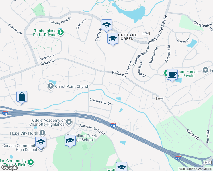map of restaurants, bars, coffee shops, grocery stores, and more near 6418 Glenolden Drive in Charlotte