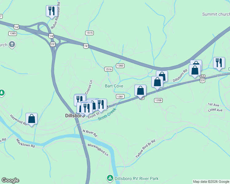 map of restaurants, bars, coffee shops, grocery stores, and more near 1631 Dillsboro Road in Sylva