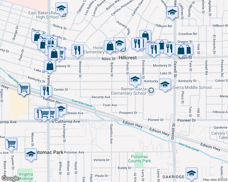 map of restaurants, bars, coffee shops, grocery stores, and more near 800 Barlow Street in Bakersfield