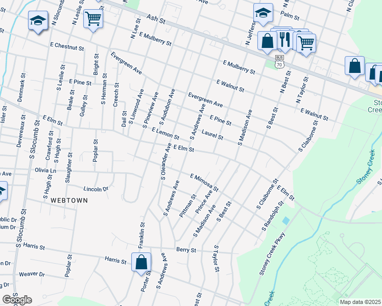 map of restaurants, bars, coffee shops, grocery stores, and more near 1500 East Elm Street in Goldsboro