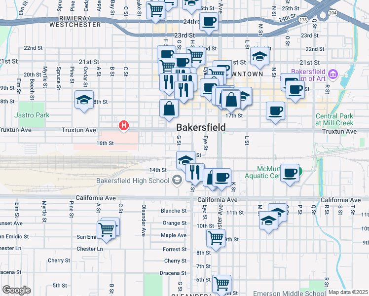map of restaurants, bars, coffee shops, grocery stores, and more near 1725 16th St in Bakersfield