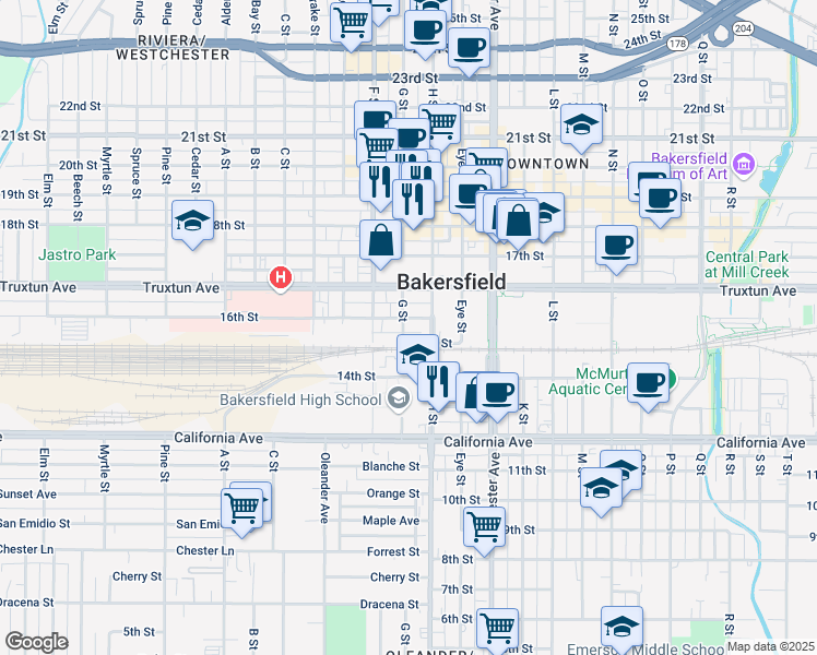 map of restaurants, bars, coffee shops, grocery stores, and more near 1725 16th Street in Bakersfield