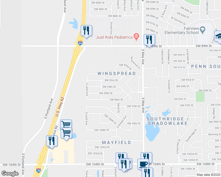 map of restaurants, bars, coffee shops, grocery stores, and more near 3108 Southwest 94th Street in Oklahoma City