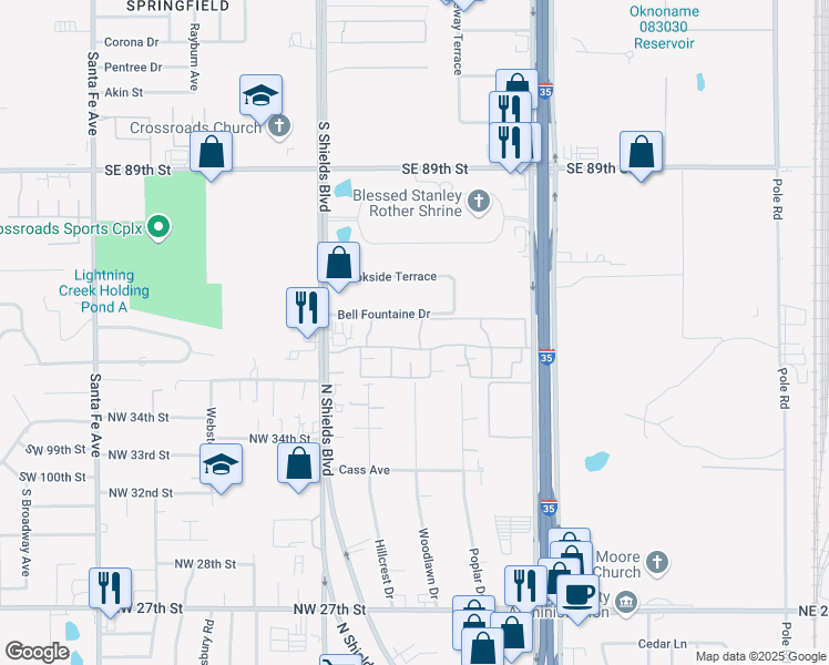 map of restaurants, bars, coffee shops, grocery stores, and more near 9501 South I- 35 Service Road in Moore