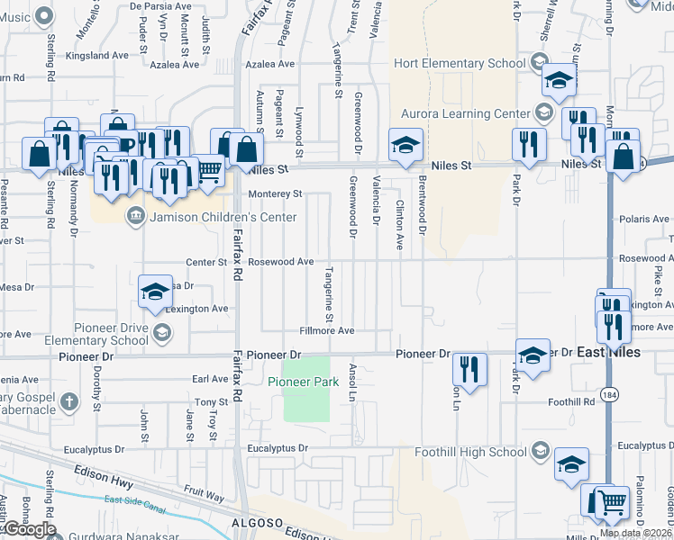 map of restaurants, bars, coffee shops, grocery stores, and more near 817 Tangerine Street in Bakersfield