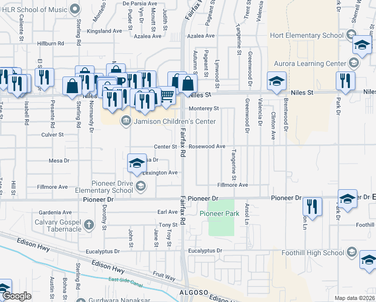 map of restaurants, bars, coffee shops, grocery stores, and more near 817 Fairfax Road in Bakersfield