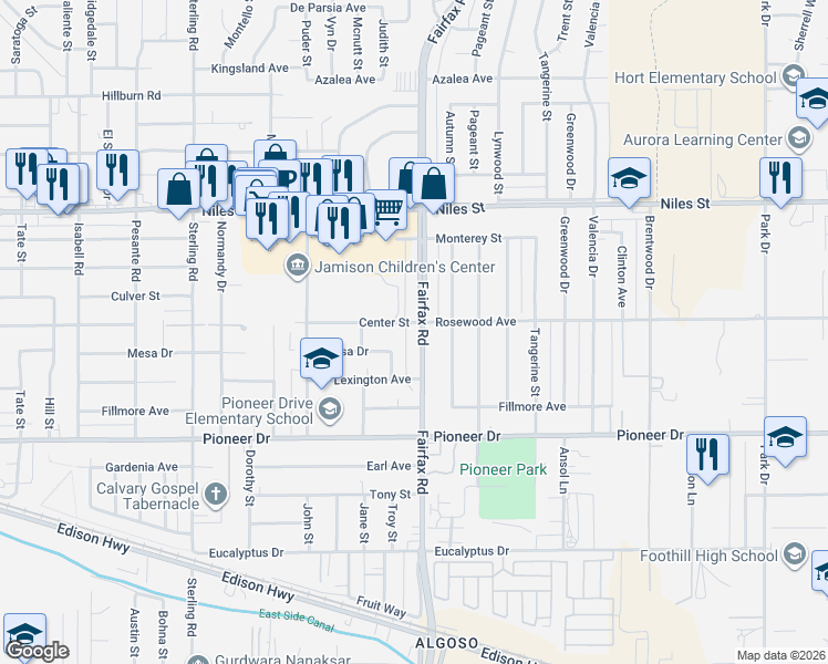map of restaurants, bars, coffee shops, grocery stores, and more near 817 Fairfax Road in Bakersfield