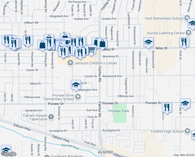 map of restaurants, bars, coffee shops, grocery stores, and more near 817 Fairfax Road in Bakersfield