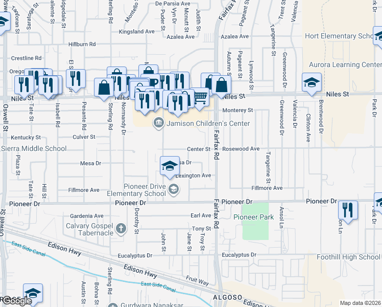 map of restaurants, bars, coffee shops, grocery stores, and more near 4517 Mesa Drive in Bakersfield