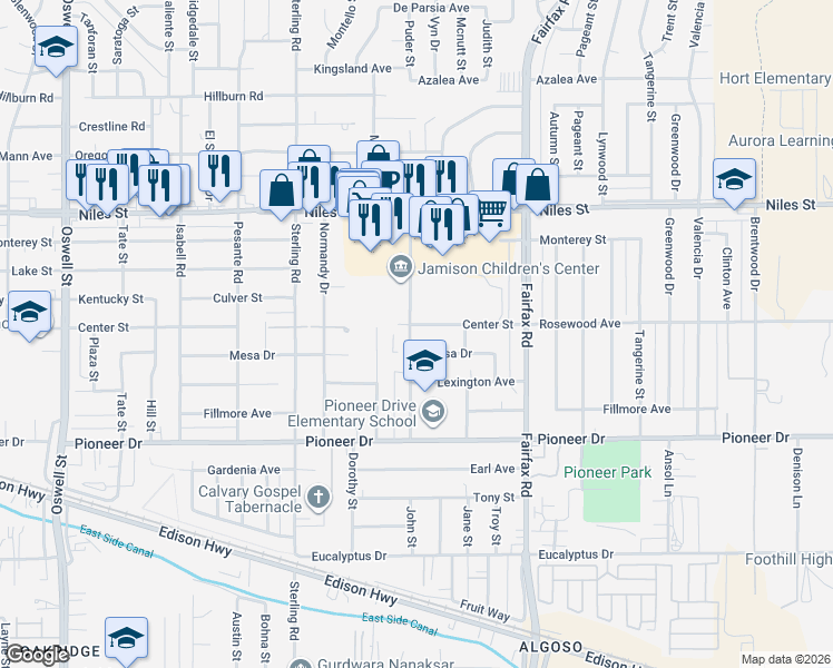 map of restaurants, bars, coffee shops, grocery stores, and more near 809 Shalimar Drive in Bakersfield