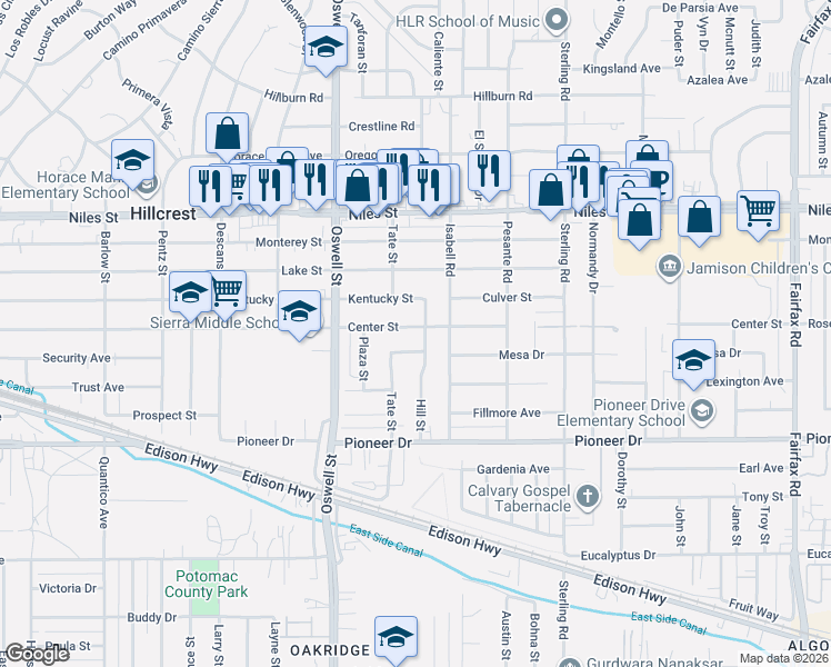 map of restaurants, bars, coffee shops, grocery stores, and more near 3209 Mesa Drive in Bakersfield