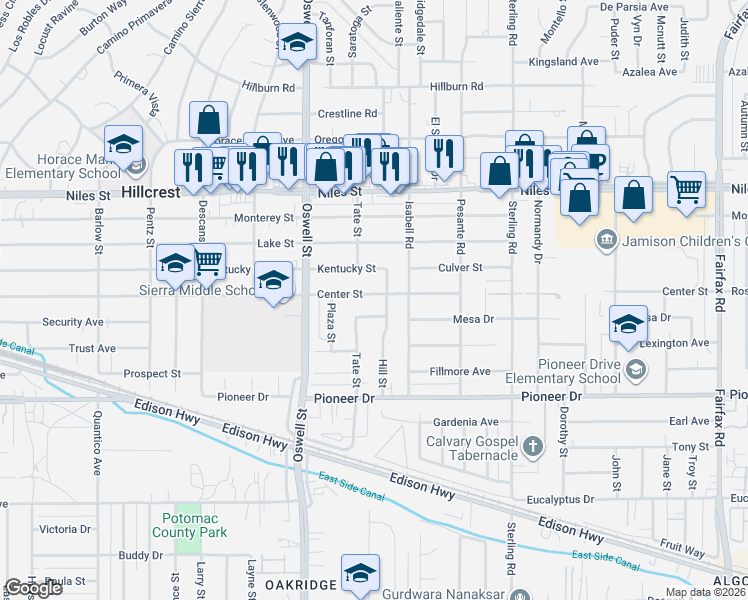 map of restaurants, bars, coffee shops, grocery stores, and more near 3209 Mesa Drive in Bakersfield