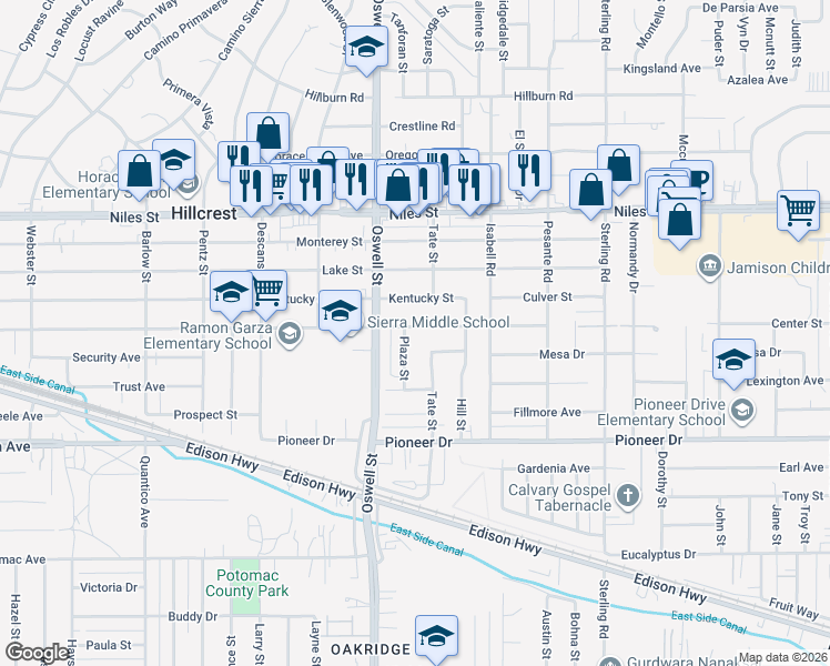 map of restaurants, bars, coffee shops, grocery stores, and more near 805 Plaza Street in Bakersfield