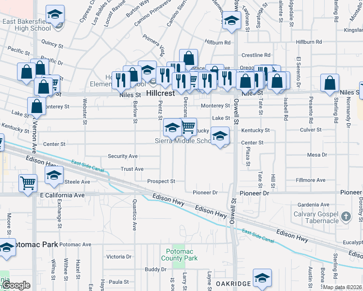 map of restaurants, bars, coffee shops, grocery stores, and more near 808 Descanso Street in Bakersfield