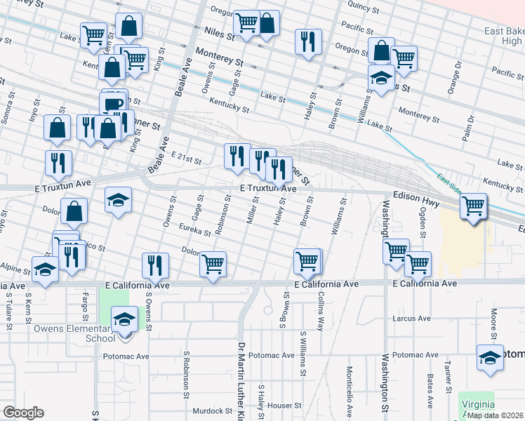 map of restaurants, bars, coffee shops, grocery stores, and more near 1300 East 18th Street in Bakersfield