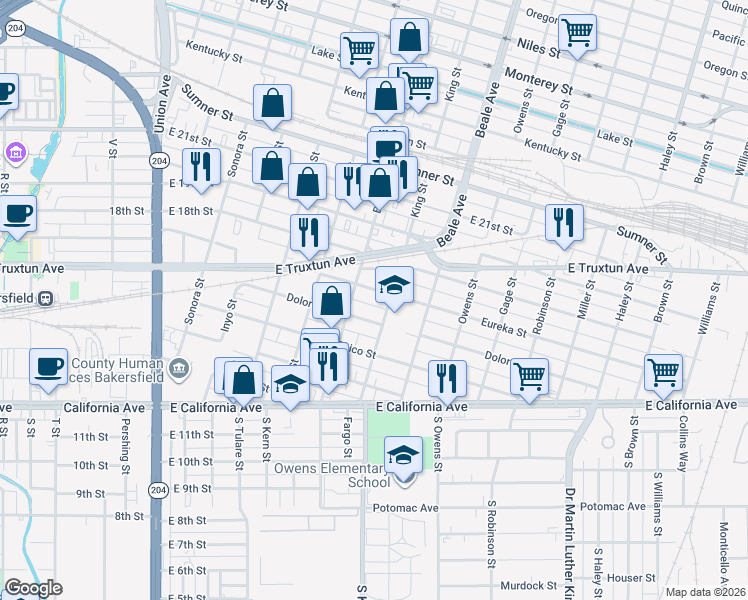 map of restaurants, bars, coffee shops, grocery stores, and more near 400 King Street in Bakersfield