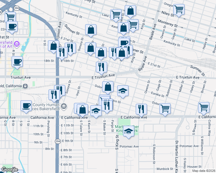 map of restaurants, bars, coffee shops, grocery stores, and more near 316 Baker Street in Bakersfield