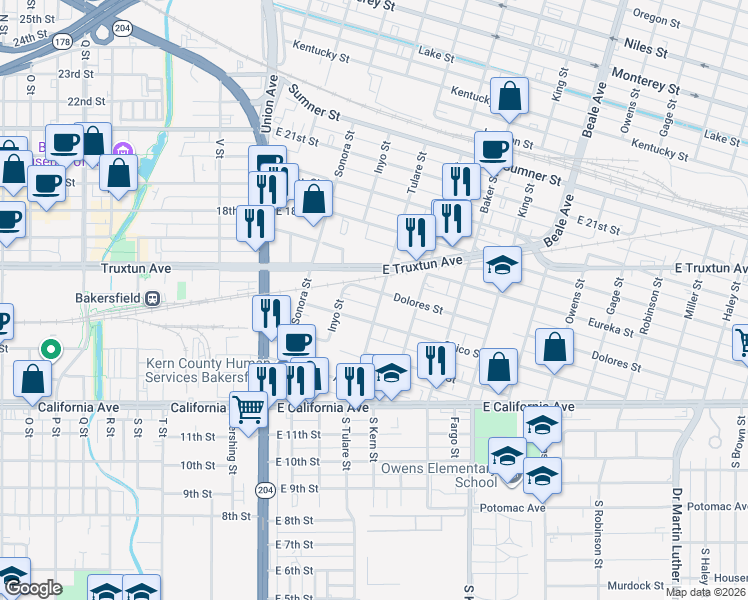 map of restaurants, bars, coffee shops, grocery stores, and more near 428 Chico Street in Bakersfield