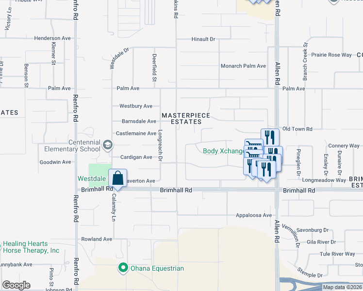 map of restaurants, bars, coffee shops, grocery stores, and more near 1405 Renoir Avenue in Bakersfield