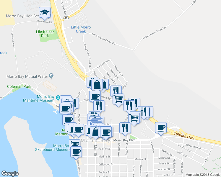 map of restaurants, bars, coffee shops, grocery stores, and more near 387 Quintana Road in Morro Bay