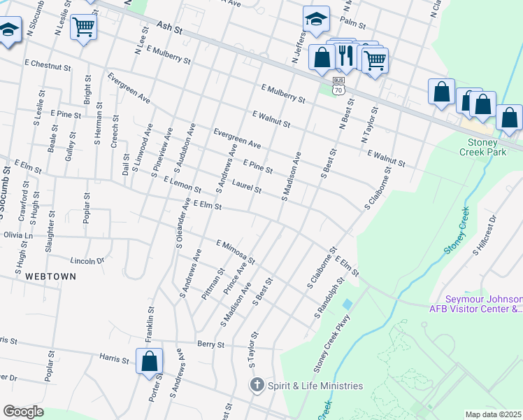map of restaurants, bars, coffee shops, grocery stores, and more near 601 Prince Avenue in Goldsboro