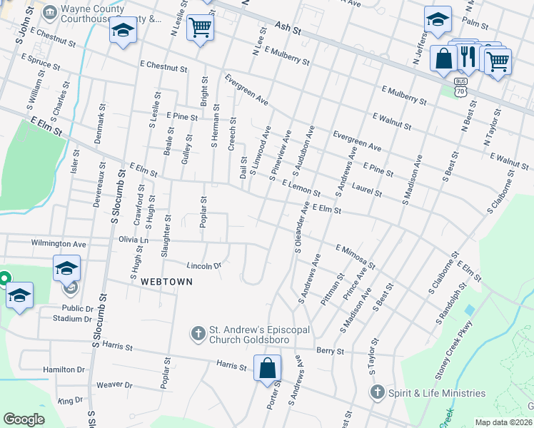 map of restaurants, bars, coffee shops, grocery stores, and more near 1200 East Mimosa Street in Goldsboro