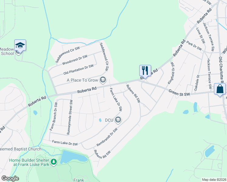 map of restaurants, bars, coffee shops, grocery stores, and more near 3221 Farm Lake Drive Southwest in Concord