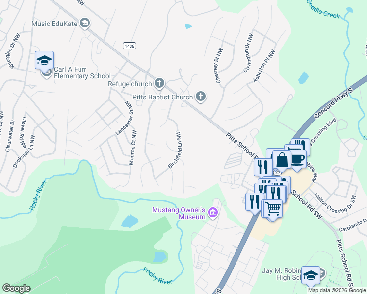 map of restaurants, bars, coffee shops, grocery stores, and more near 5835 Misty Forest Place Northwest in Concord