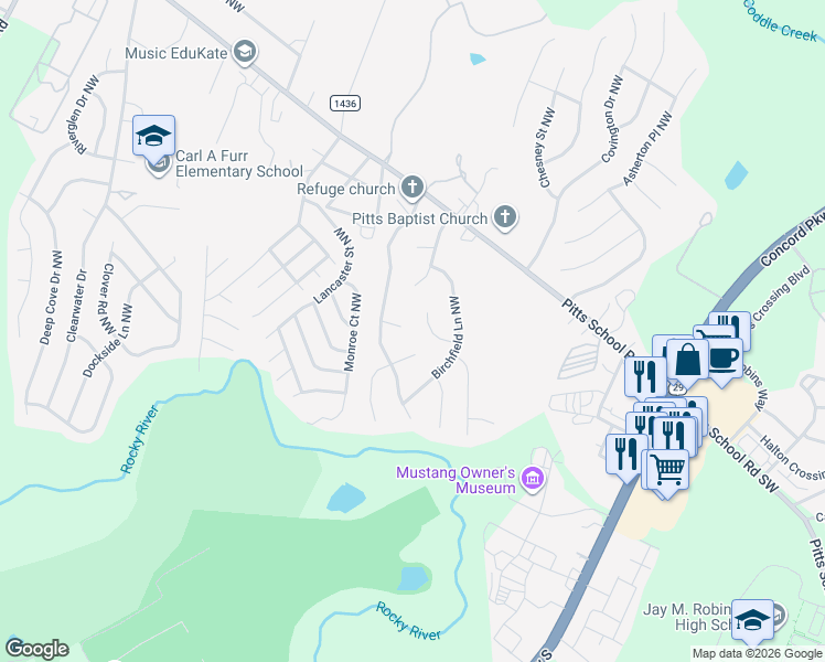 map of restaurants, bars, coffee shops, grocery stores, and more near 5813 Ivy Walk Court Northwest in Concord