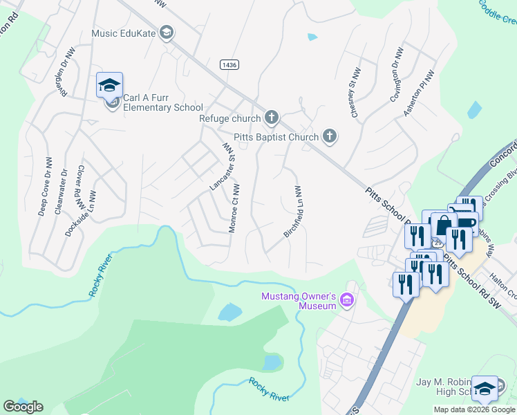 map of restaurants, bars, coffee shops, grocery stores, and more near 5813 Ivy Walk Court Northwest in Concord