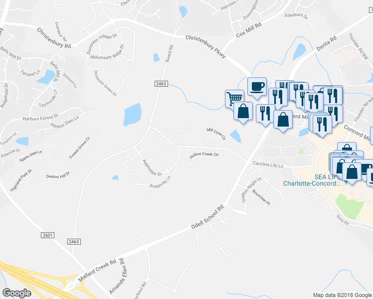 map of restaurants, bars, coffee shops, grocery stores, and more near 8718 Appledale Drive in Charlotte
