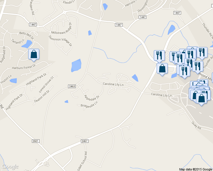 map of restaurants, bars, coffee shops, grocery stores, and more near 8718 Appledale Drive in Charlotte