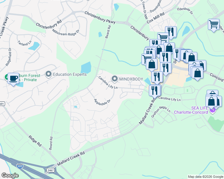 map of restaurants, bars, coffee shops, grocery stores, and more near 8718 Appledale Drive in Charlotte