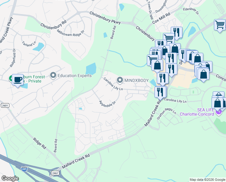 map of restaurants, bars, coffee shops, grocery stores, and more near 2918 Bridgeville Lane in Charlotte