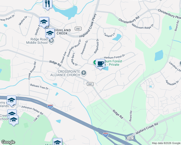 map of restaurants, bars, coffee shops, grocery stores, and more near 3214 Ridge Road in Charlotte