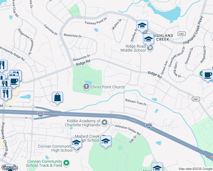 map of restaurants, bars, coffee shops, grocery stores, and more near 2137 Highland Knoll Drive in Charlotte