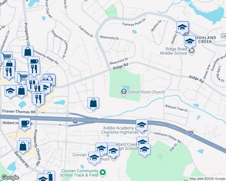 map of restaurants, bars, coffee shops, grocery stores, and more near 4473 Ridge Road in Charlotte