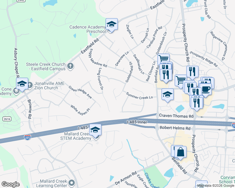 map of restaurants, bars, coffee shops, grocery stores, and more near 6114 Goldenfield Drive in Charlotte