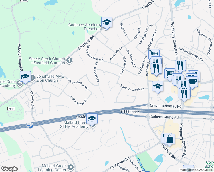 map of restaurants, bars, coffee shops, grocery stores, and more near 11710 Long Forest Drive in Charlotte