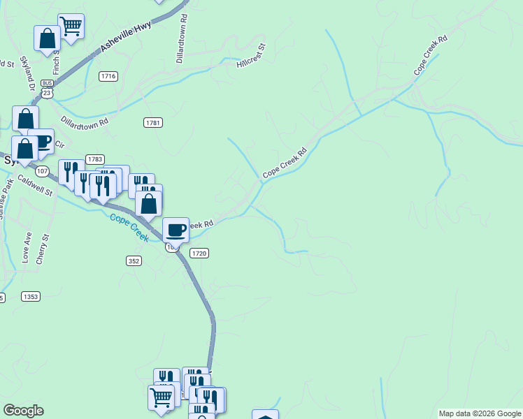 map of restaurants, bars, coffee shops, grocery stores, and more near 7 Magnolia Street in Sylva