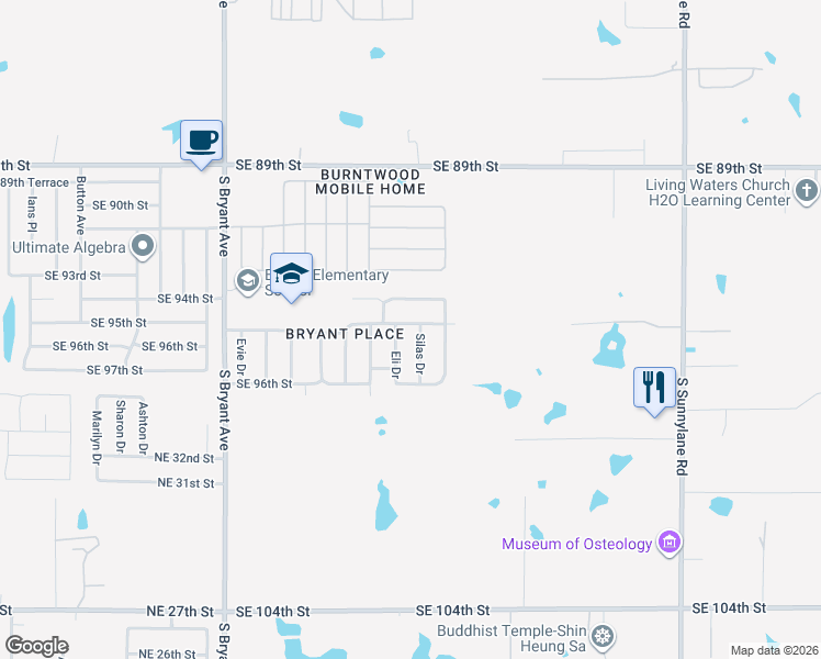map of restaurants, bars, coffee shops, grocery stores, and more near 9617 Silas Drive in Moore